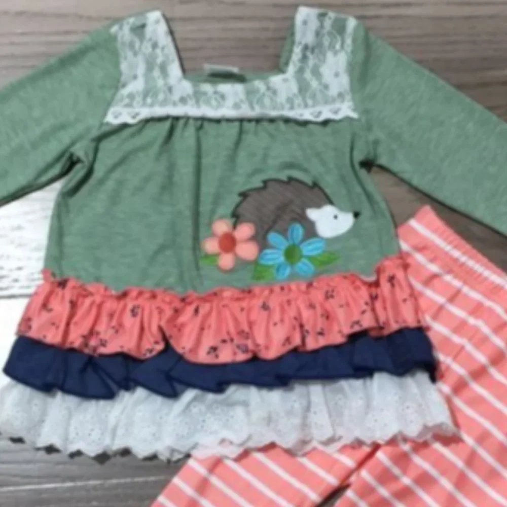 NEW Boutique Hedgehog Ruffle Tunic & Striped Leggings Girls Outfit Set